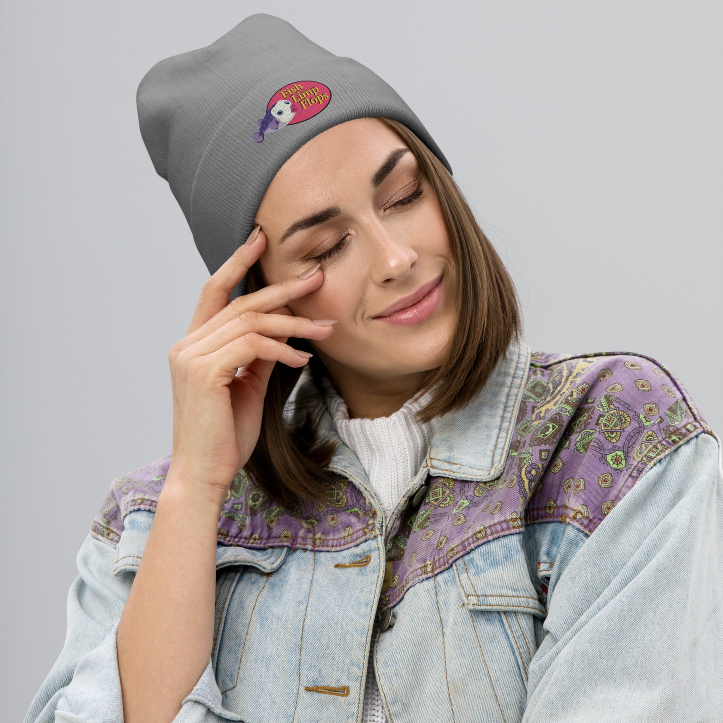 Fish Limp Flops - Jill Purple Puffer Embroidered Beanie