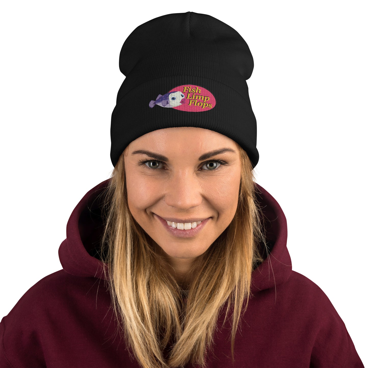 Fish Limp Flops - Jill Purple Puffer Embroidered Beanie