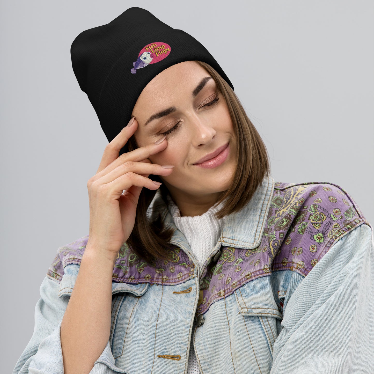 Fish Limp Flops - Jill Purple Puffer Embroidered Beanie