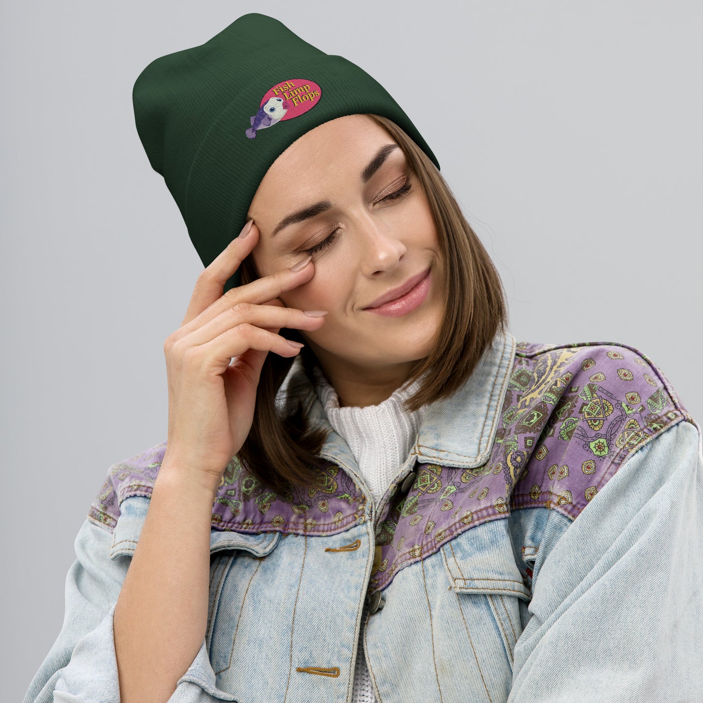 Fish Limp Flops - Jill Purple Puffer Embroidered Beanie