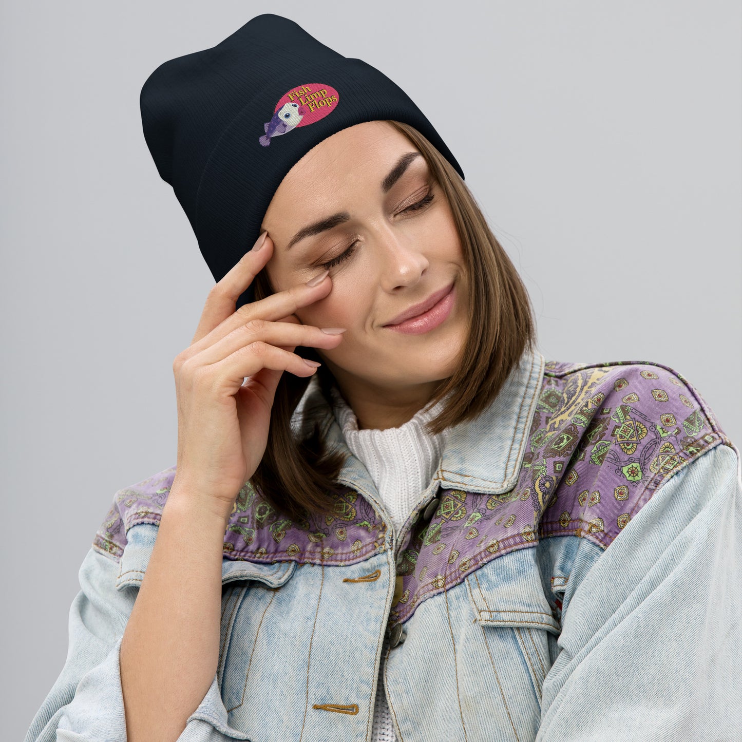 Fish Limp Flops - Jill Purple Puffer Embroidered Beanie