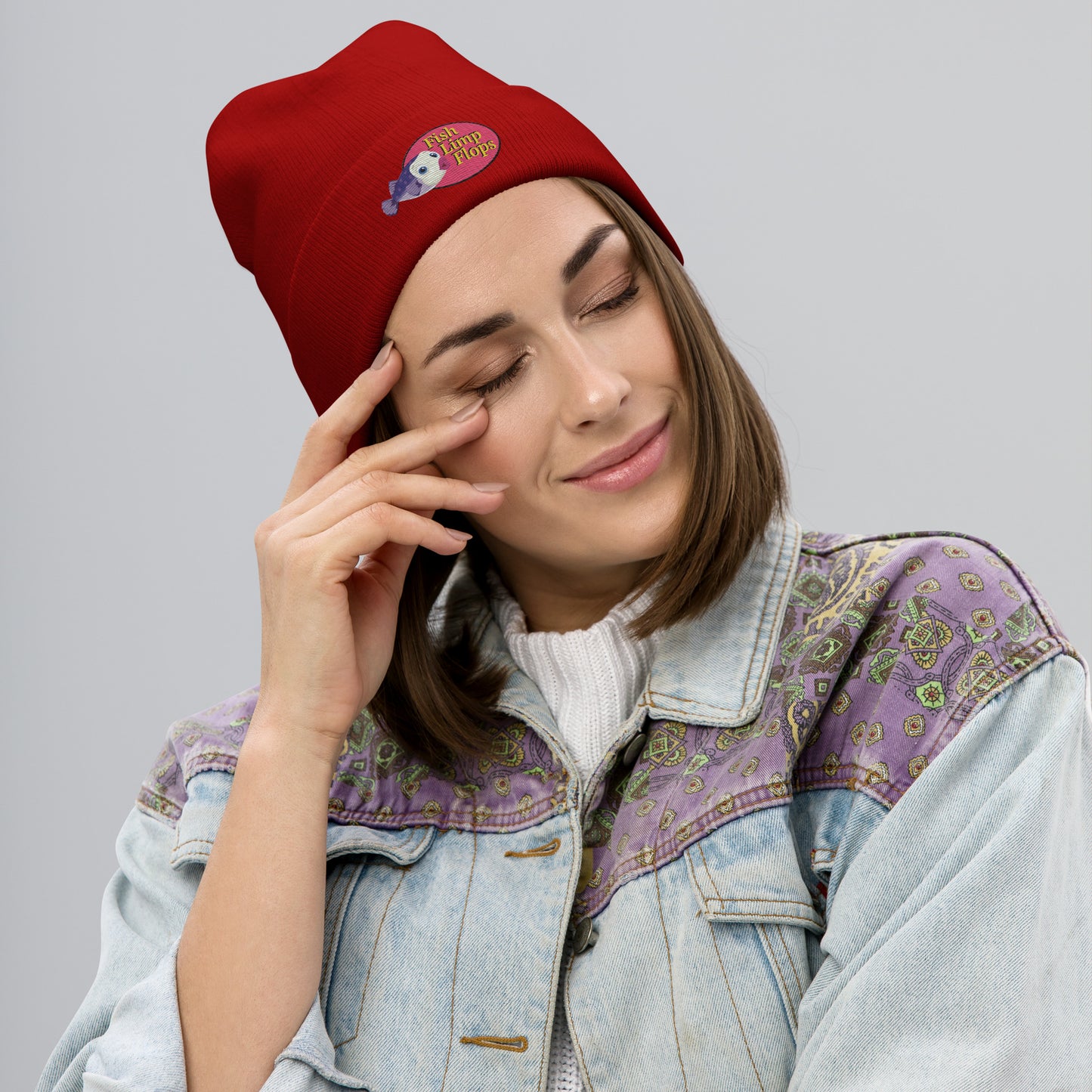 Fish Limp Flops - Jill Purple Puffer Embroidered Beanie